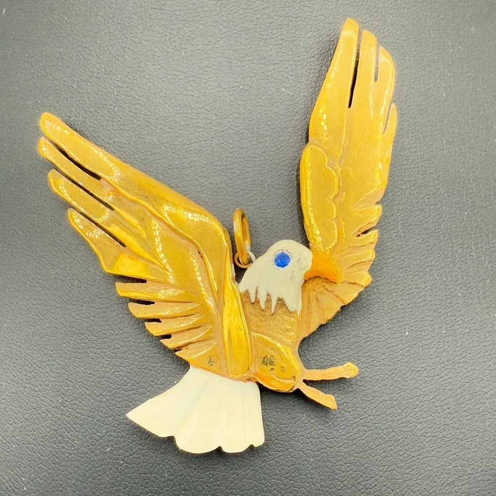 Signed Vintage Shiny Brass and White Eagle Pendant Jean E Baba